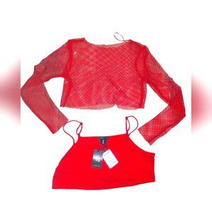 🛍️NWT SEE THROUGH BRA & FISHNET LONG SLEEVE RED BLING SHIRT